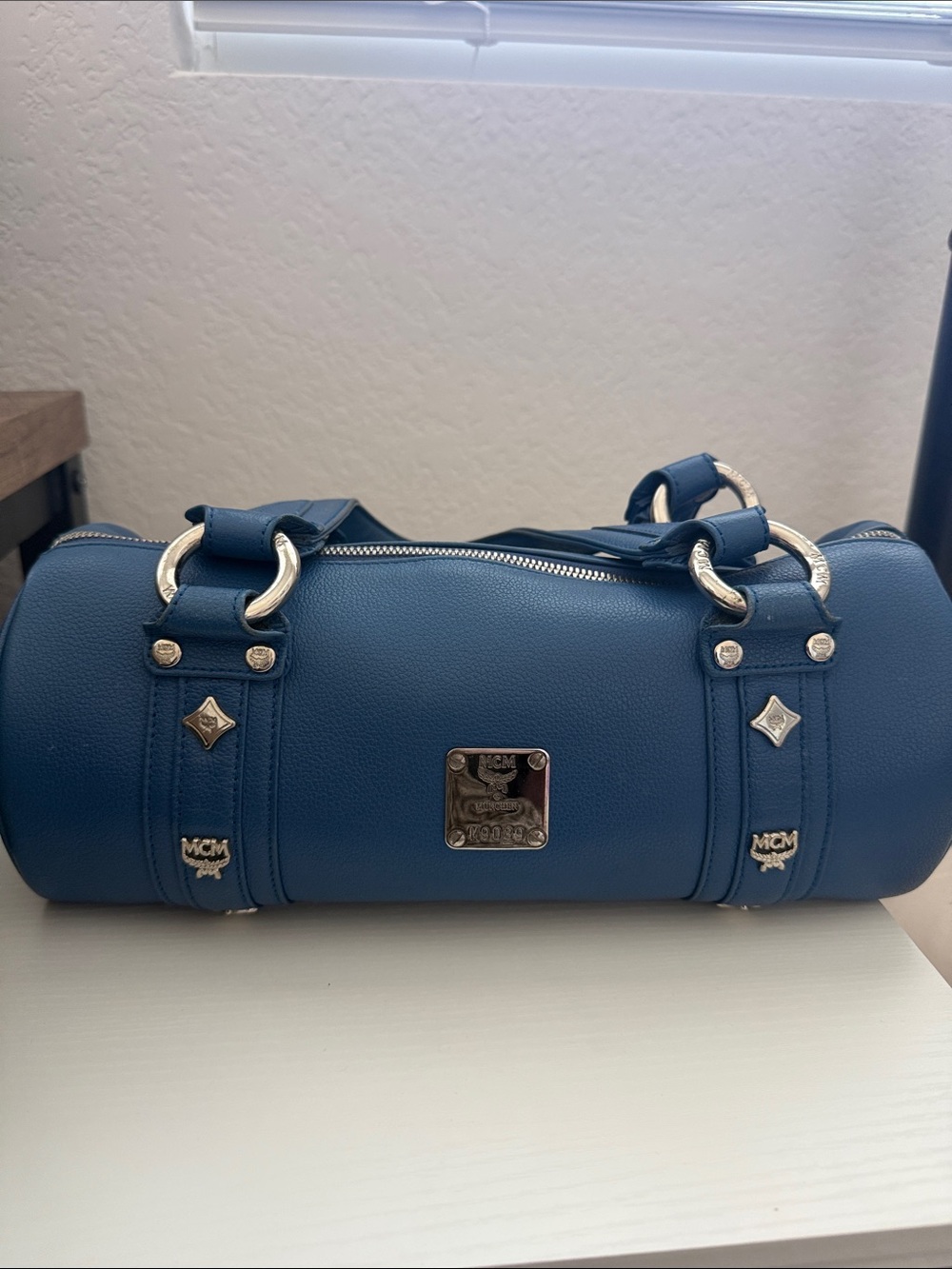 MCM Blue Barrel Satchel with Silver Hardware and COA INCLUDED